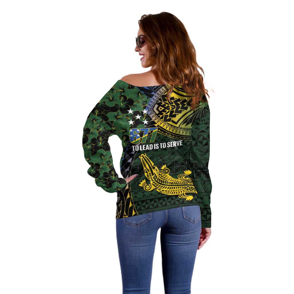 Solomon Islands Off Shoulder Sweater 677 Proud Crocodile Melanesian Pattern LT14 - Polynesian Pride