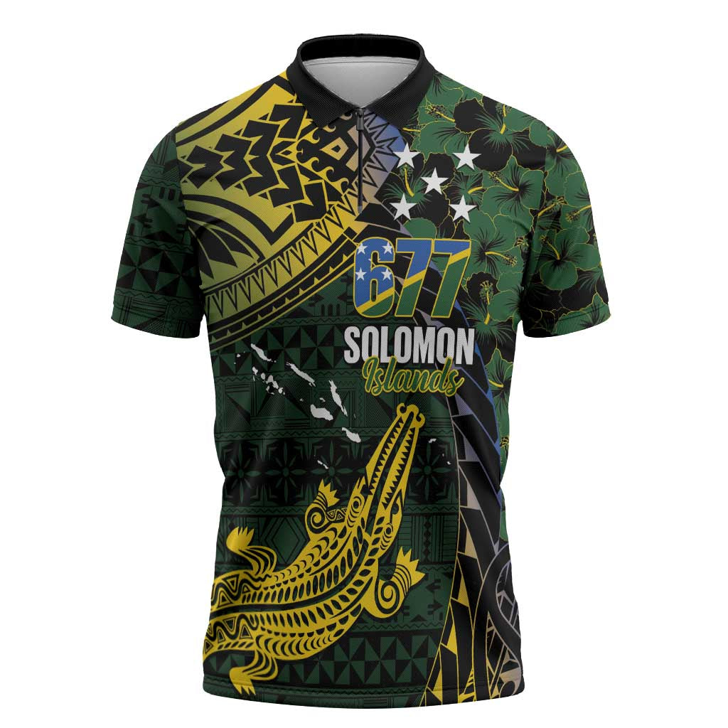 Solomon Islands Zipper Polo Shirt 677 Proud Crocodile Melanesian Pattern LT14 Black - Polynesian Pride