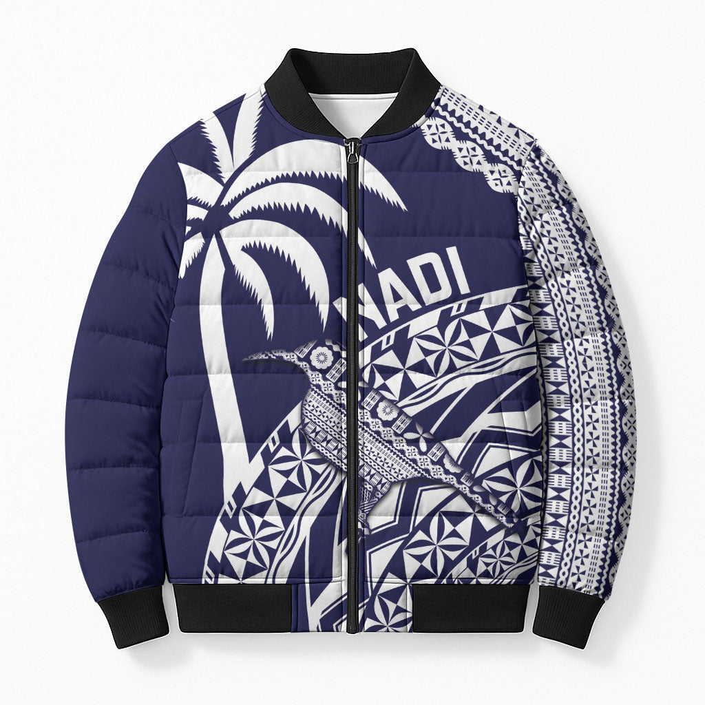 Nadi Fiji 2026 Rugby Custom Bomber Puffer Jacket Kikau Fijian Tapa Pattern LT14 Unisex Navy Blue - Polynesian Pride