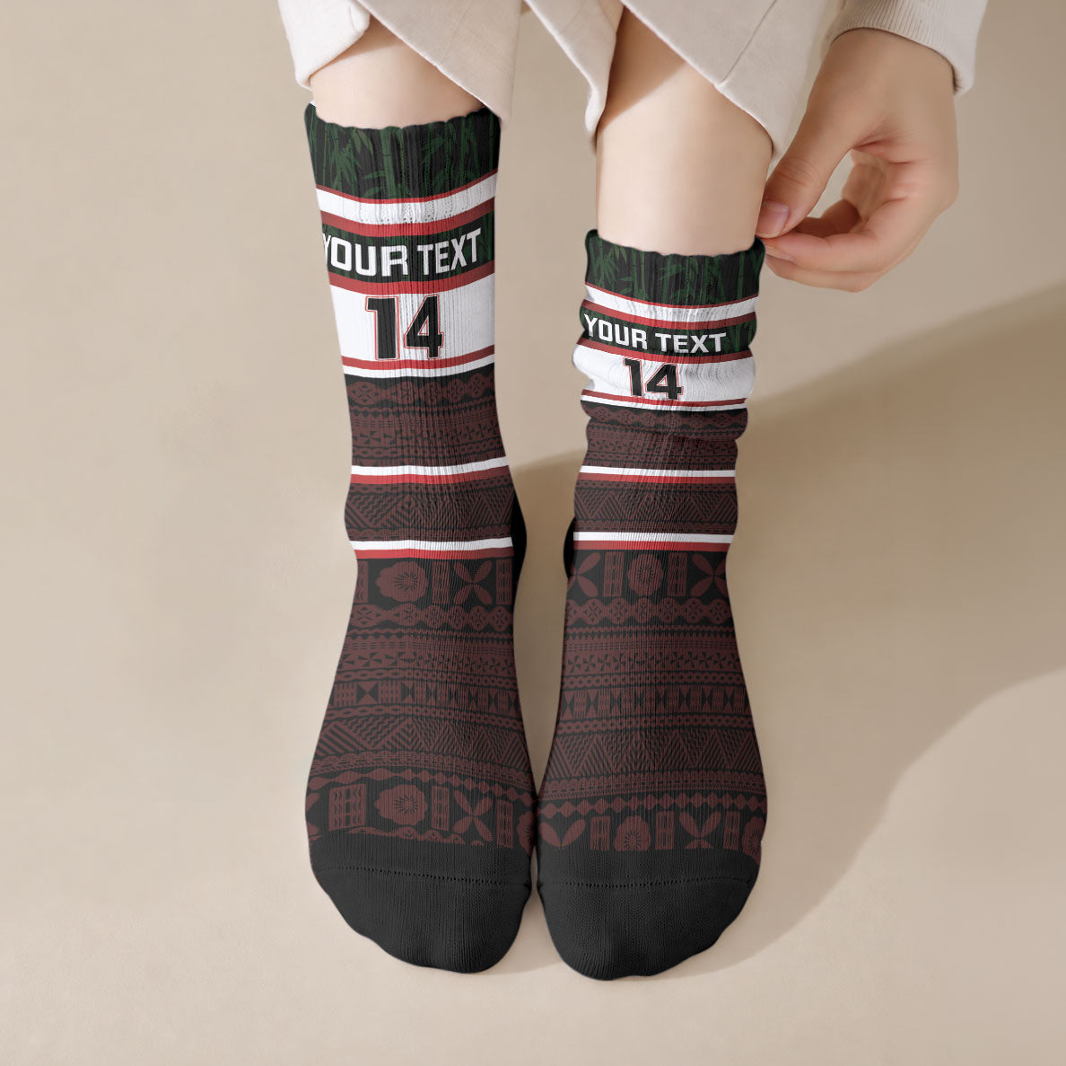 Naitasiri Fiji 2026 Rugby Custom Crew Socks Highland Warriors Fijian Tapa Pattern LT14 Crew Socks Black - Polynesian Pride