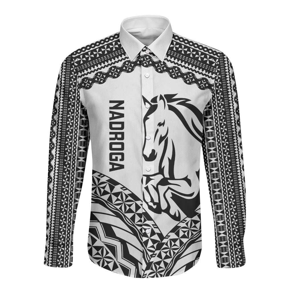 Nadroga Fiji 2026 Rugby Custom Long Sleeve Button Shirt Stallion Fijian Tapa Pattern LT14 Unisex White - Polynesian Pride