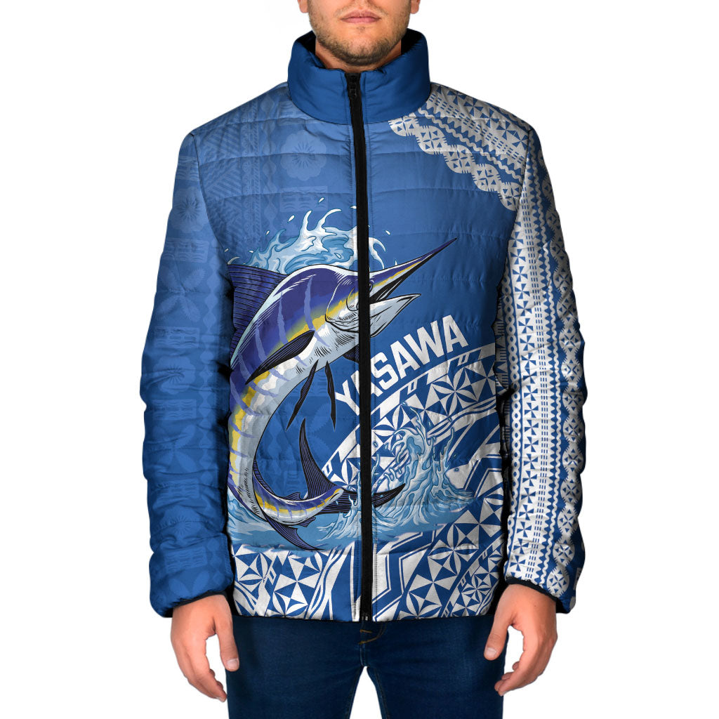 Yasawa Fiji 2026 Rugby Custom Padded Jacket Marlin Fijian Tapa Pattern LT14 Men Blue - Polynesian Pride