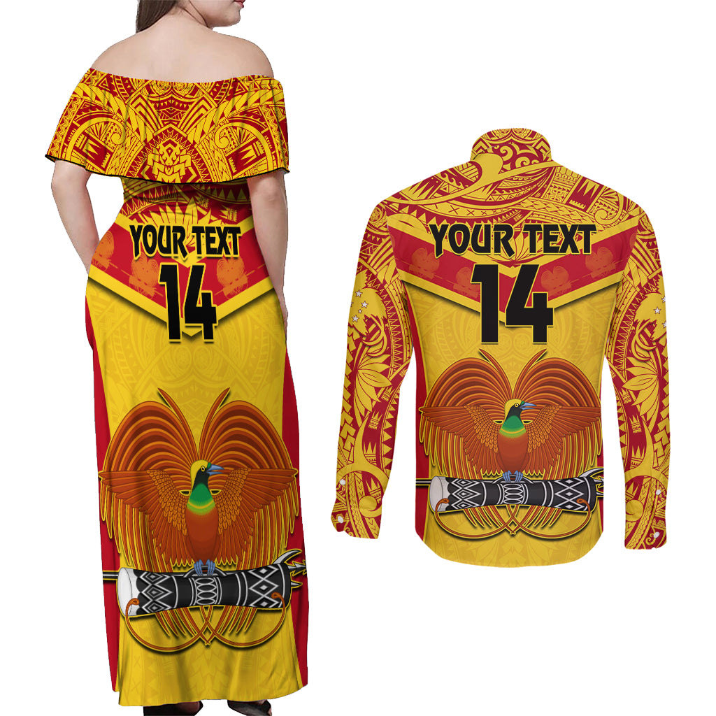 Custom Papua New Guinea Rugby Couples Matching Off Shoulder Maxi Dress and Long Sleeve Button Shirt 2023 Go Kumuls Pacific Dynamic Style LT14 - Polynesian Pride