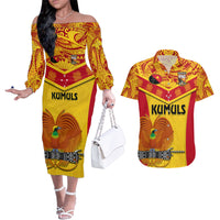 Custom Papua New Guinea Rugby Couples Matching Off The Shoulder Long Sleeve Dress and Hawaiian Shirt 2023 Go Kumuls Pacific Dynamic Style LT14 Yellow - Polynesian Pride