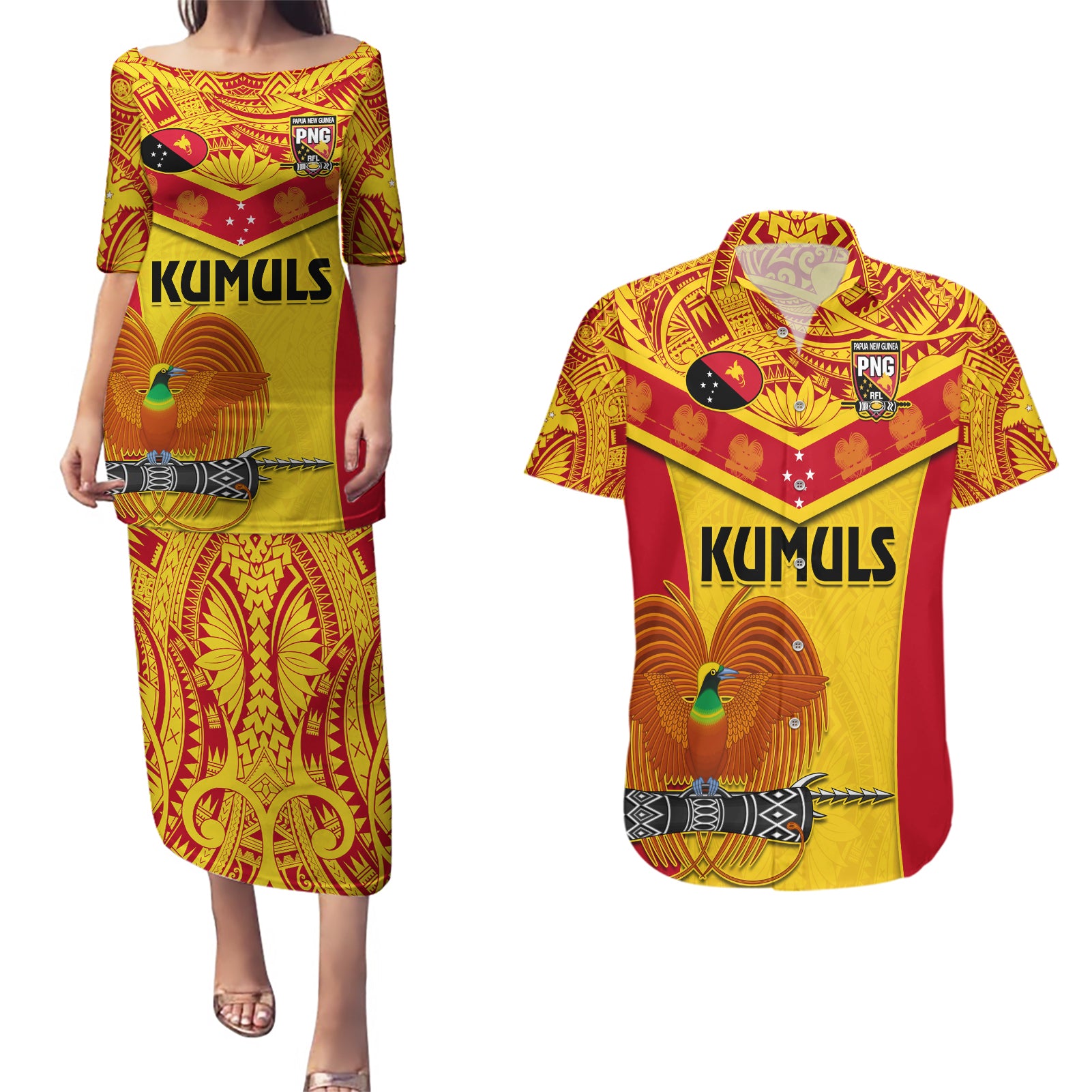 Custom Papua New Guinea Rugby Couples Matching Puletasi Dress and Hawaiian Shirt 2023 Go Kumuls Pacific Dynamic Style LT14 Yellow - Polynesian Pride