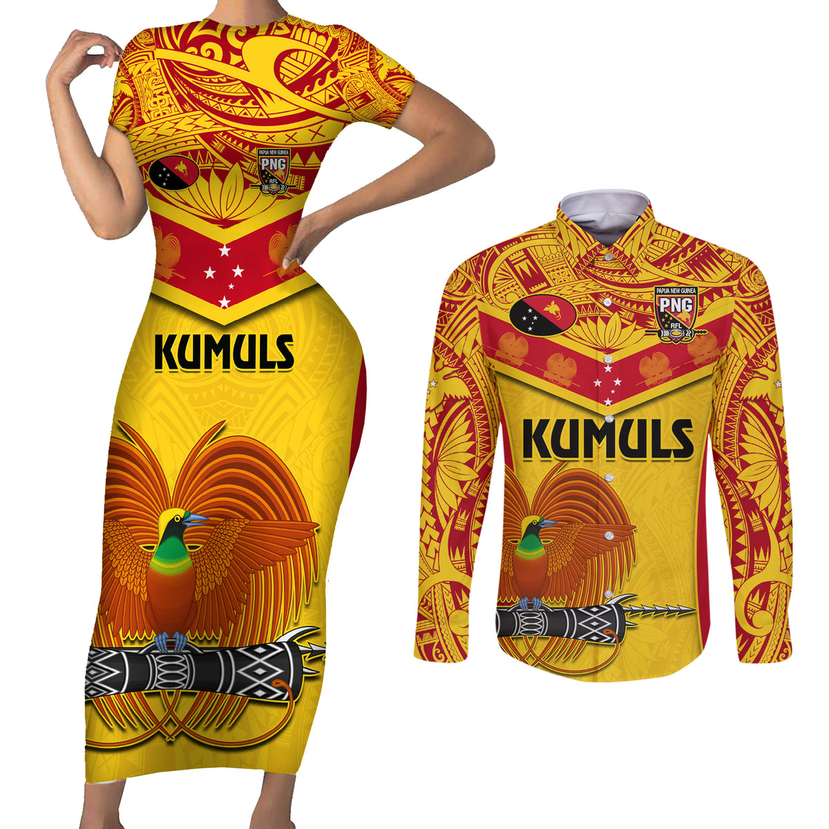 Custom Papua New Guinea Rugby Couples Matching Short Sleeve Bodycon Dress and Long Sleeve Button Shirt 2023 Go Kumuls Pacific Dynamic Style LT14 Yellow - Polynesian Pride