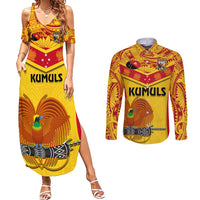 Custom Papua New Guinea Rugby Couples Matching Summer Maxi Dress and Long Sleeve Button Shirt 2023 Go Kumuls Pacific Dynamic Style LT14 Yellow - Polynesian Pride