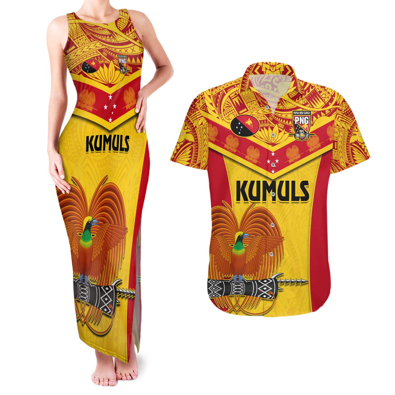 Custom Papua New Guinea Rugby Couples Matching Tank Maxi Dress and Hawaiian Shirt 2023 Go Kumuls Pacific Dynamic Style LT14 Yellow - Polynesian Pride