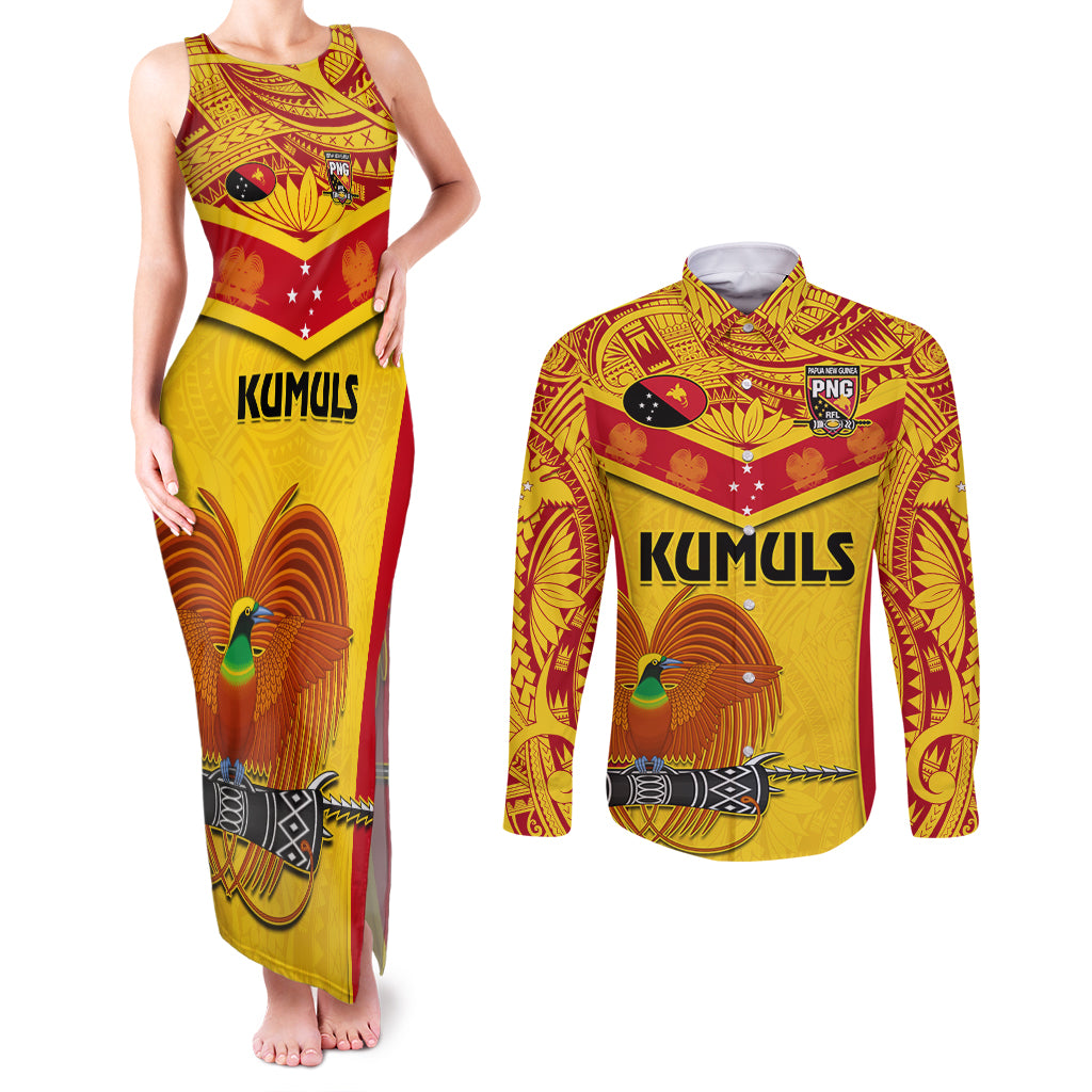 Custom Papua New Guinea Rugby Couples Matching Tank Maxi Dress and Long Sleeve Button Shirt 2023 Go Kumuls Pacific Dynamic Style LT14 Yellow - Polynesian Pride