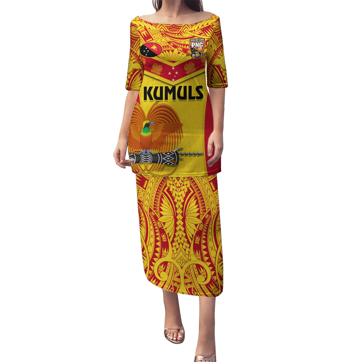 Custom Papua New Guinea Rugby Puletasi 2023 Go Kumuls Pacific Dynamic Style LT14 Long Dress Yellow - Polynesian Pride