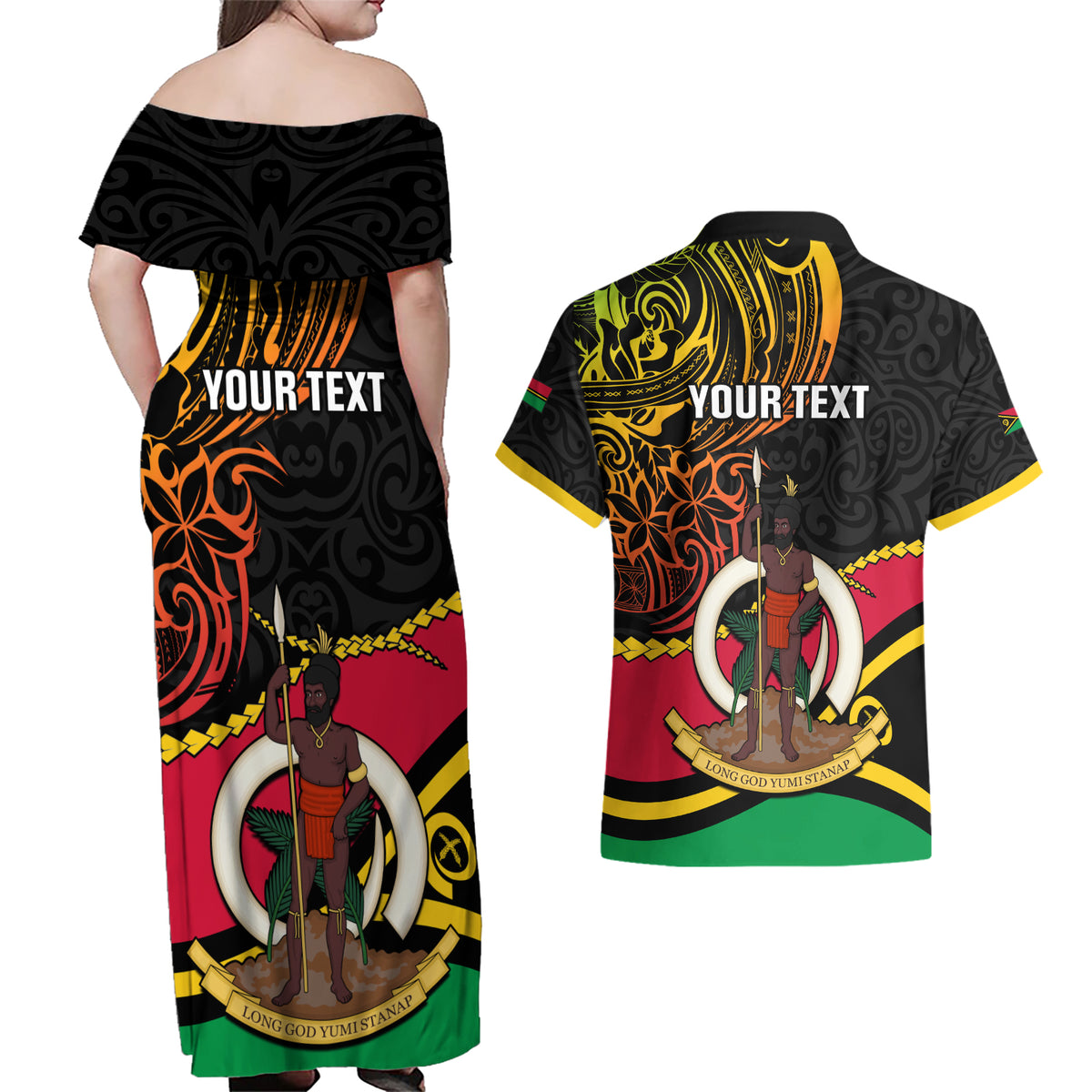 Personalised Vanuatu Unity Day Couples Matching Off Shoulder Maxi Dress and Hawaiian Shirt 29 November Coat Of Arms With Flag Style LT14 - Polynesian Pride