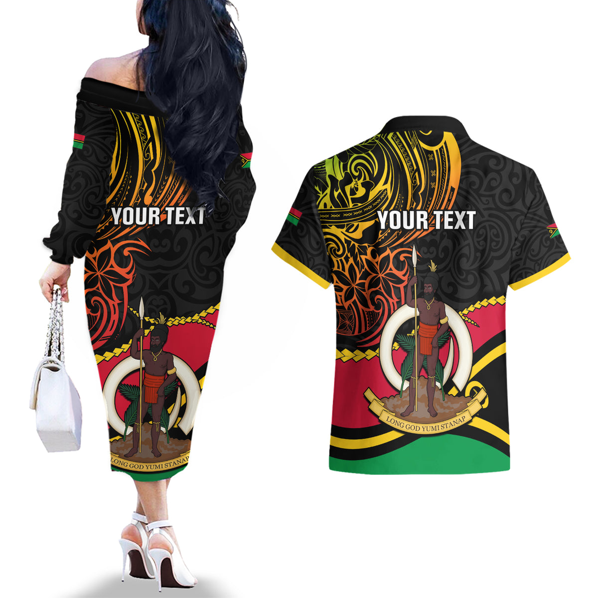 Personalised Vanuatu Unity Day Couples Matching Off The Shoulder Long Sleeve Dress and Hawaiian Shirt 29 November Coat Of Arms With Flag Style LT14 - Polynesian Pride