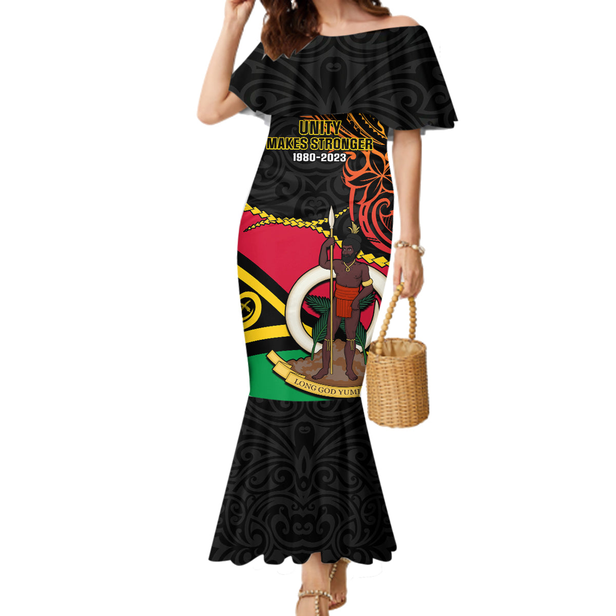 Personalised Vanuatu Unity Day Family Matching Mermaid Dress and Hawaiian Shirt 29 November Coat Of Arms With Flag Style LT14 Mom's Dress Black - Polynesian Pride