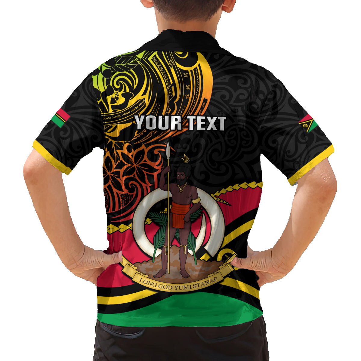 Personalised Vanuatu Unity Day Family Matching Off Shoulder Long Sleeve Dress and Hawaiian Shirt 29 November Coat Of Arms With Flag Style LT14 - Polynesian Pride