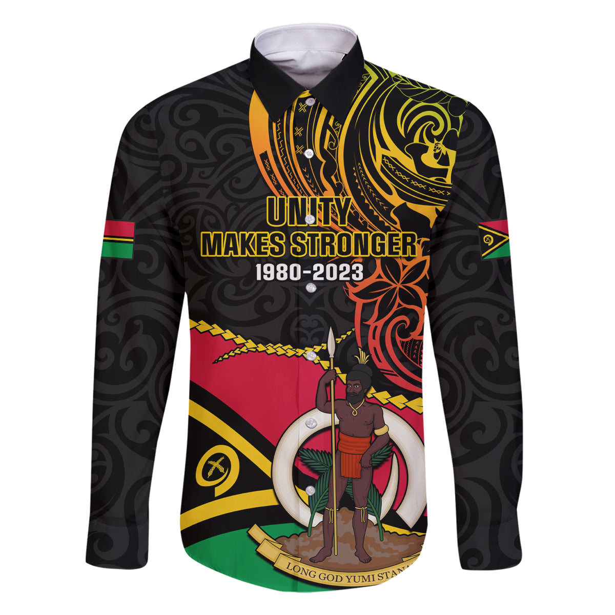 Personalised Vanuatu Unity Day Family Matching Off Shoulder Long Sleeve Dress and Hawaiian Shirt 29 November Coat Of Arms With Flag Style LT14 Dad's Shirt - Long Sleeve Black - Polynesian Pride