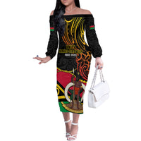 Personalised Vanuatu Unity Day Family Matching Off Shoulder Long Sleeve Dress and Hawaiian Shirt 29 November Coat Of Arms With Flag Style LT14 Mom's Dress Black - Polynesian Pride