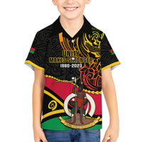 Personalised Vanuatu Unity Day Family Matching Off Shoulder Long Sleeve Dress and Hawaiian Shirt 29 November Coat Of Arms With Flag Style LT14 Son's Shirt Black - Polynesian Pride