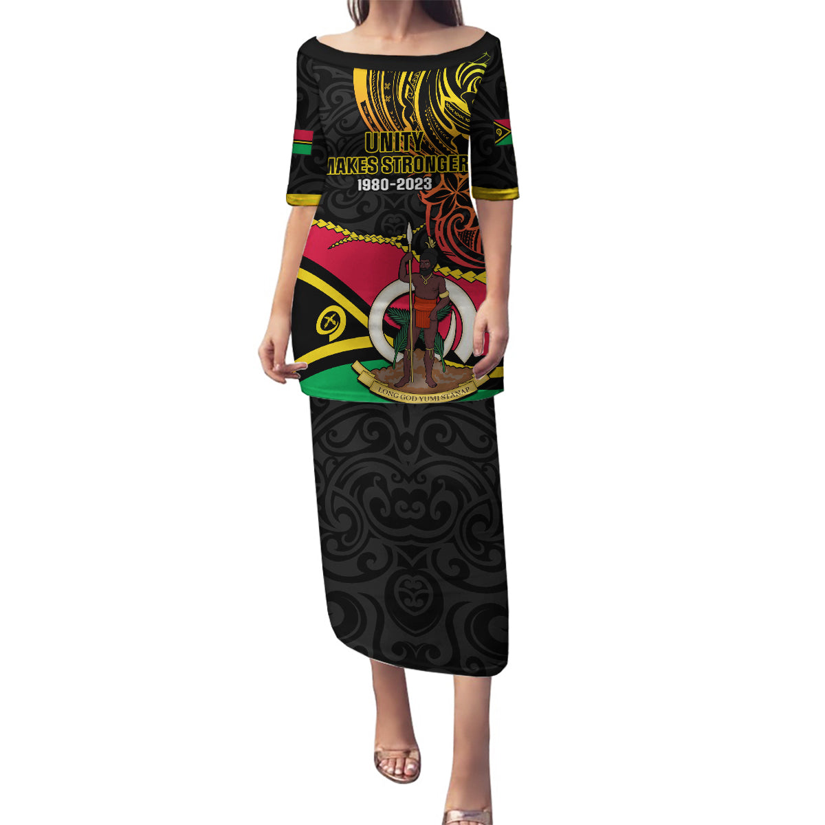 Personalised Vanuatu Unity Day Family Matching Puletasi Dress and Hawaiian Shirt 29 November Coat Of Arms With Flag Style LT14 Mom's Dress Black - Polynesian Pride