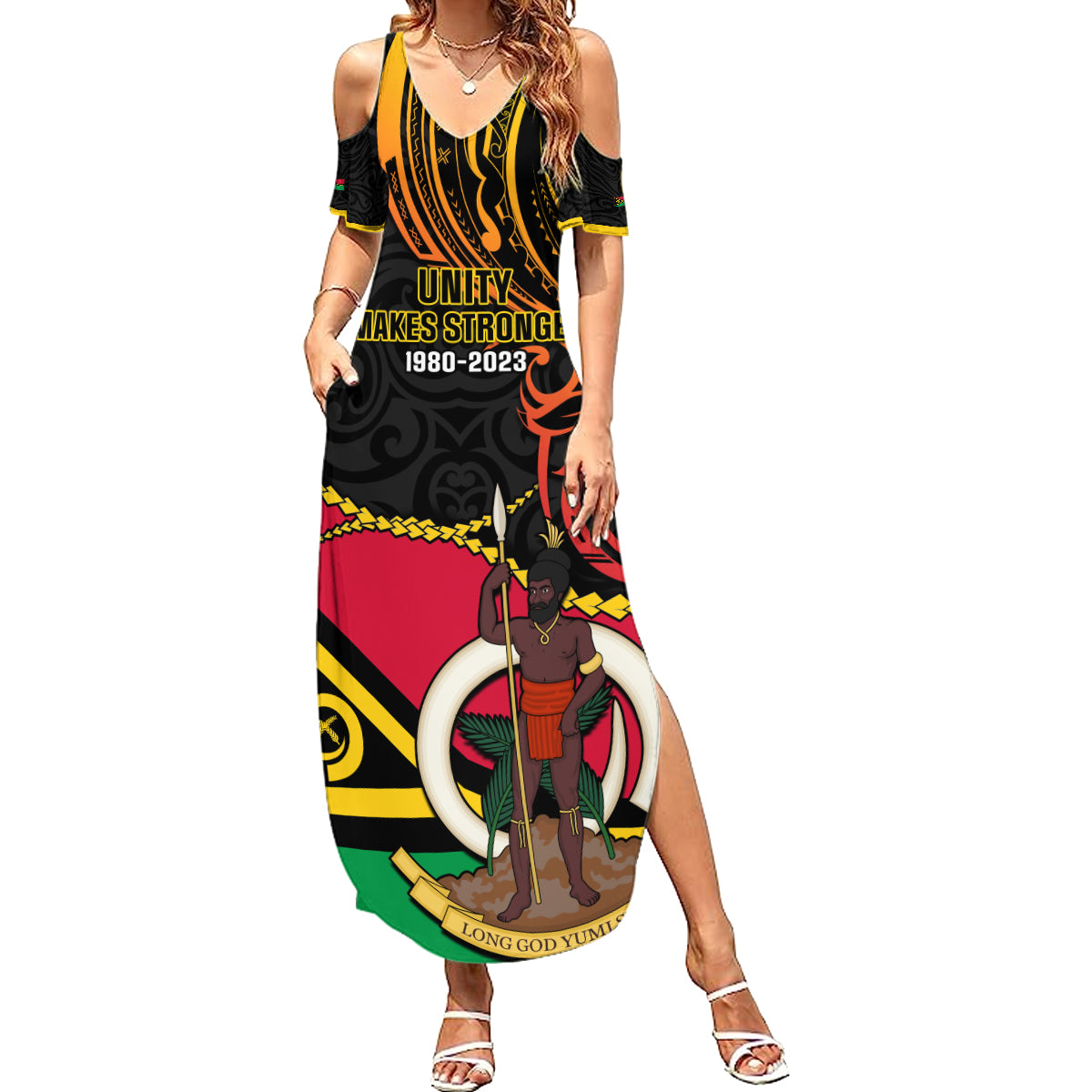 Personalised Vanuatu Unity Day Family Matching Summer Maxi Dress and Hawaiian Shirt 29 November Coat Of Arms With Flag Style LT14 Mom's Dress Black - Polynesian Pride