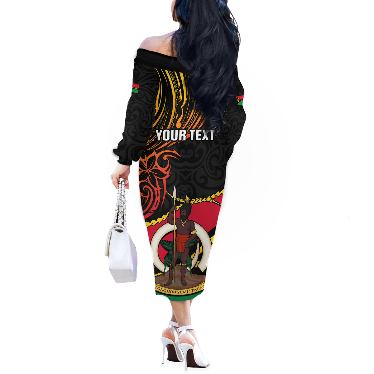 Personalised Vanuatu Unity Day Off The Shoulder Long Sleeve Dress 29 November Coat Of Arms With Flag Style LT14 - Polynesian Pride