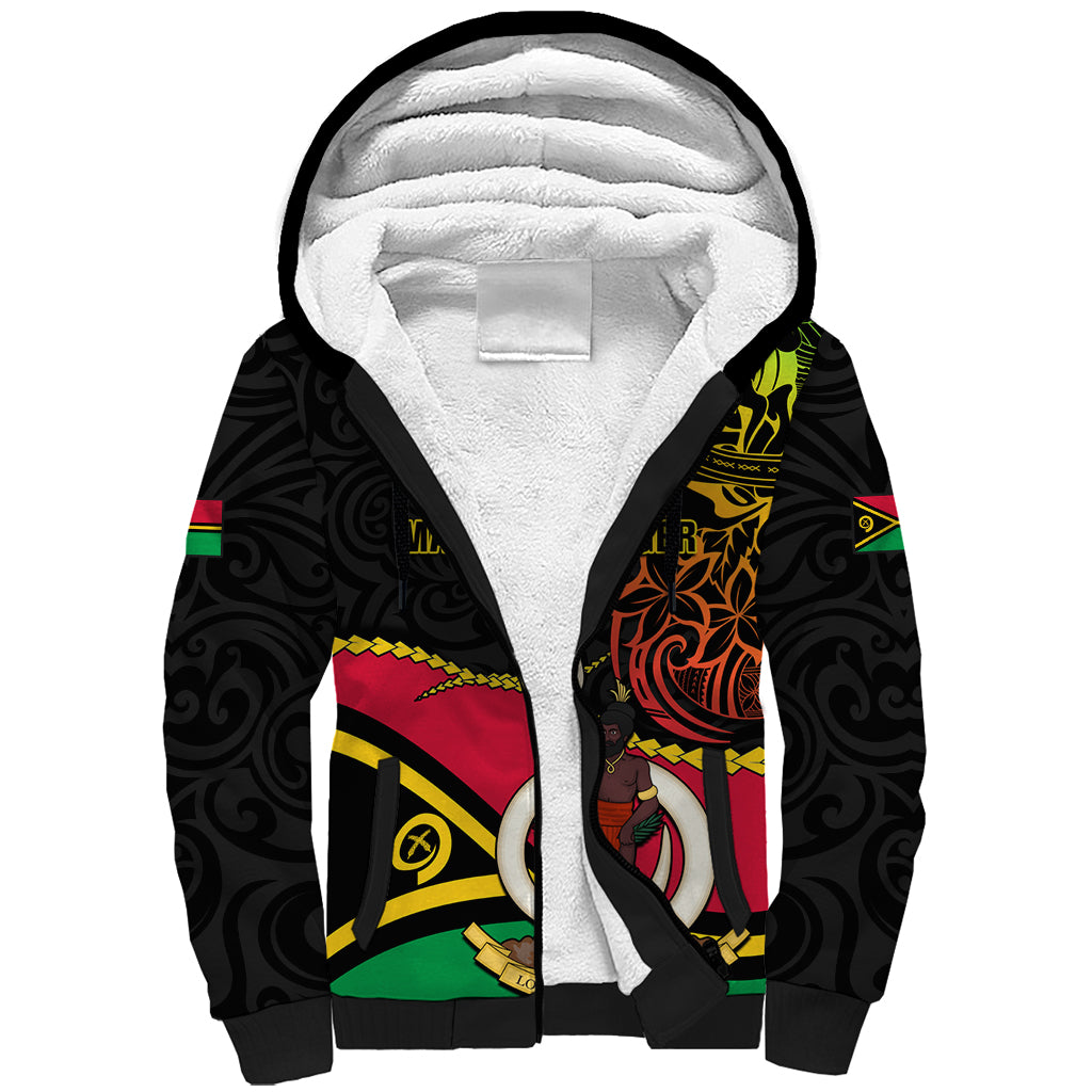 Personalised Vanuatu Unity Day Sherpa Hoodie 29 November Coat Of Arms With Flag Style LT14 Unisex Black - Polynesian Pride