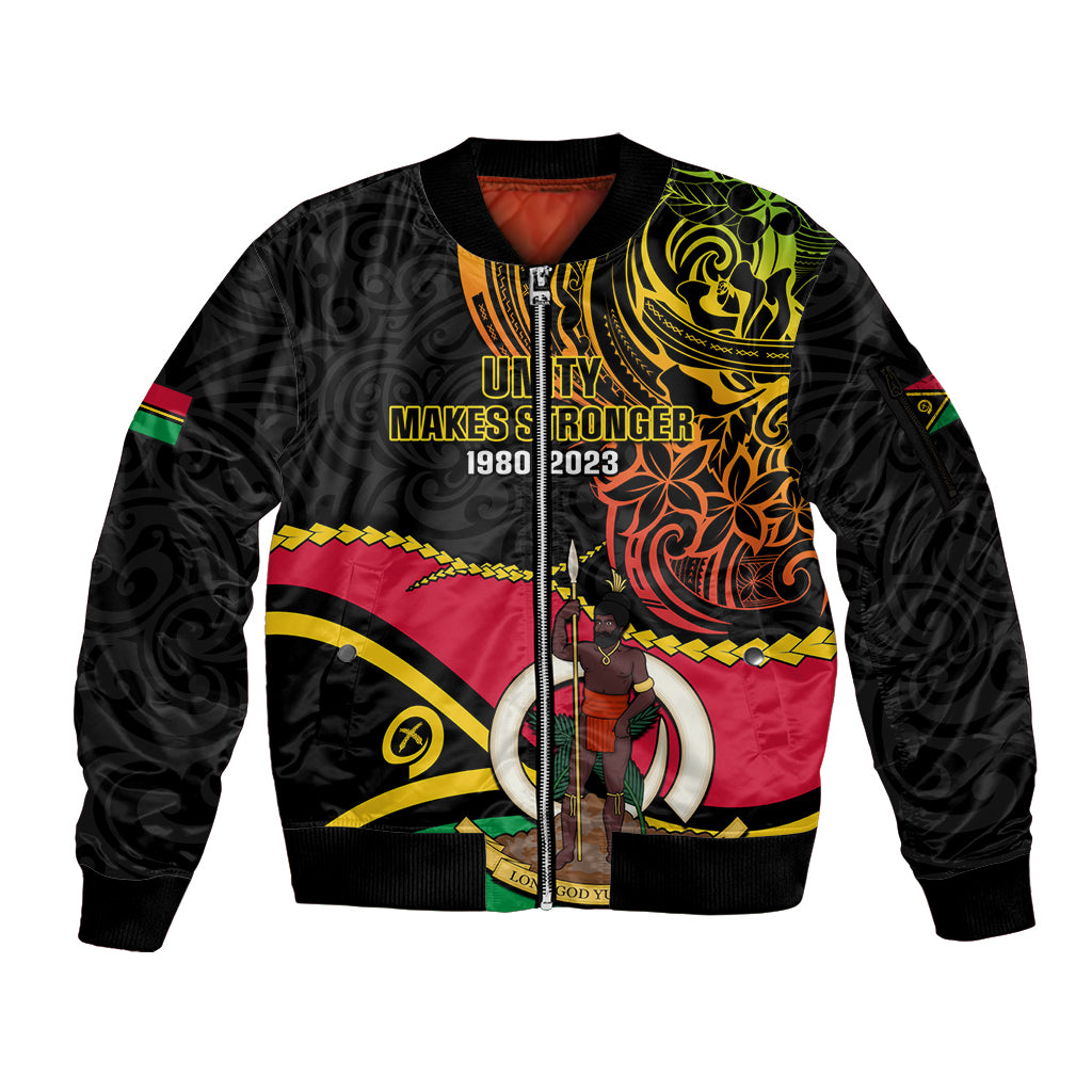Personalised Vanuatu Unity Day Sleeve Zip Bomber Jacket 29 November Coat Of Arms With Flag Style LT14 Unisex Black - Polynesian Pride