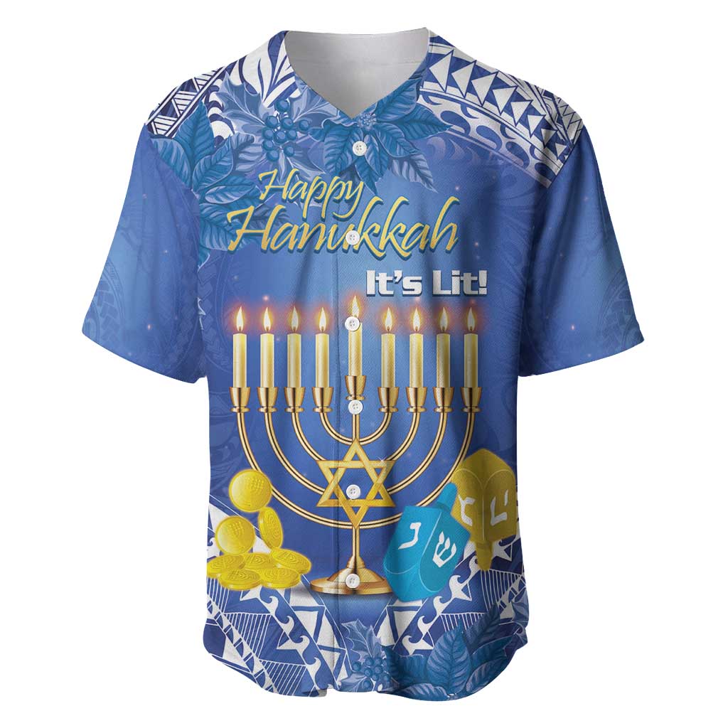Personalised Hanukkah Jewish Festival Baseball Jersey It's Lit - Polynesian Pattern LT14 Blue - Polynesian Pride