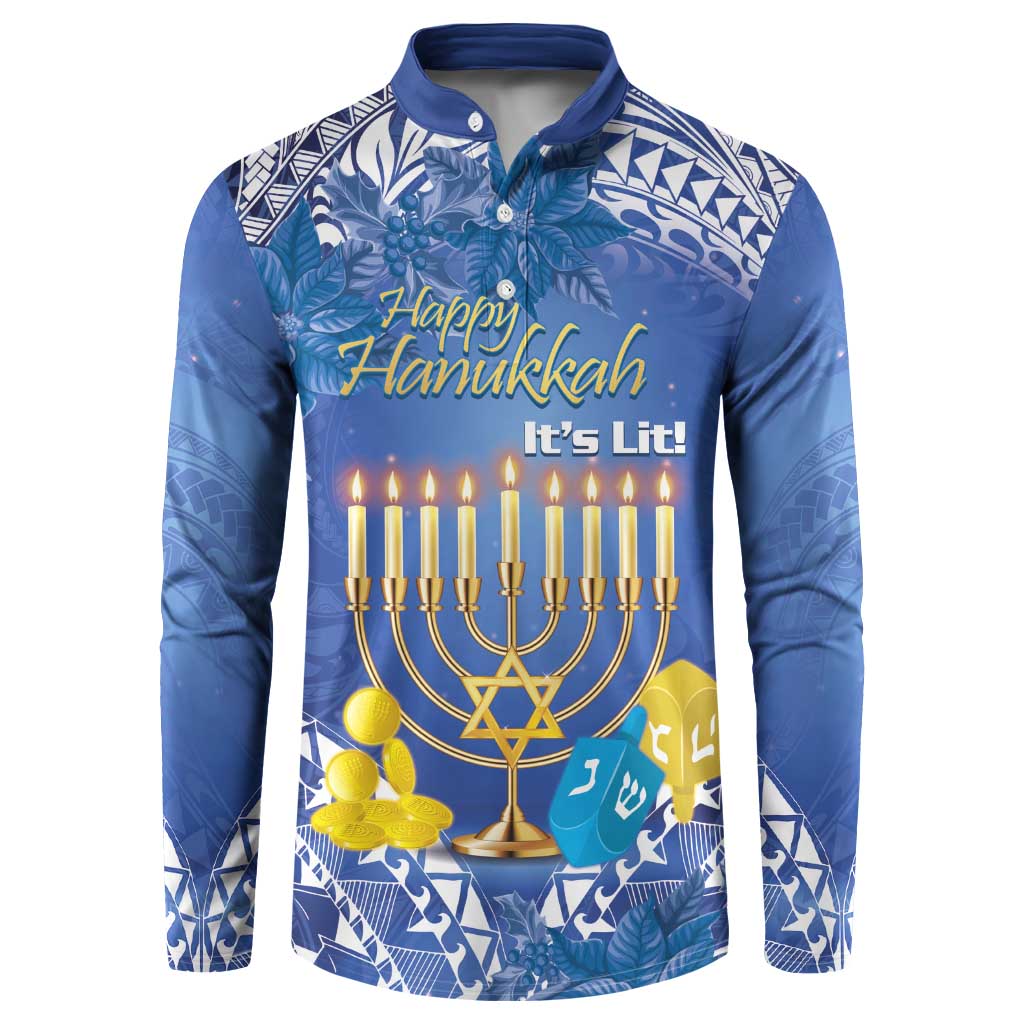 Personalised Hanukkah Jewish Festival Button Sweatshirt It's Lit - Polynesian Pattern LT14 Blue - Polynesian Pride