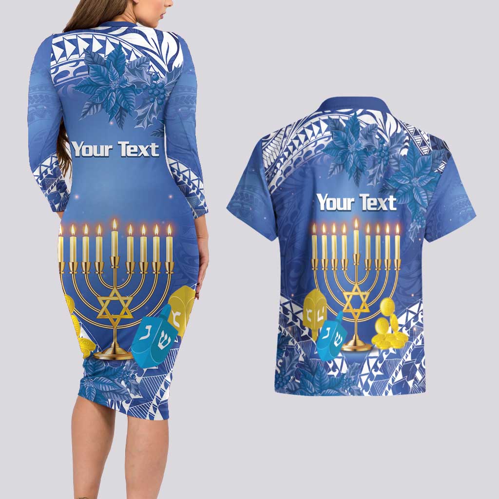 Personalised Hanukkah Jewish Festival Couples Matching Long Sleeve Bodycon Dress and Hawaiian Shirt It's Lit - Polynesian Pattern LT14 - Polynesian Pride