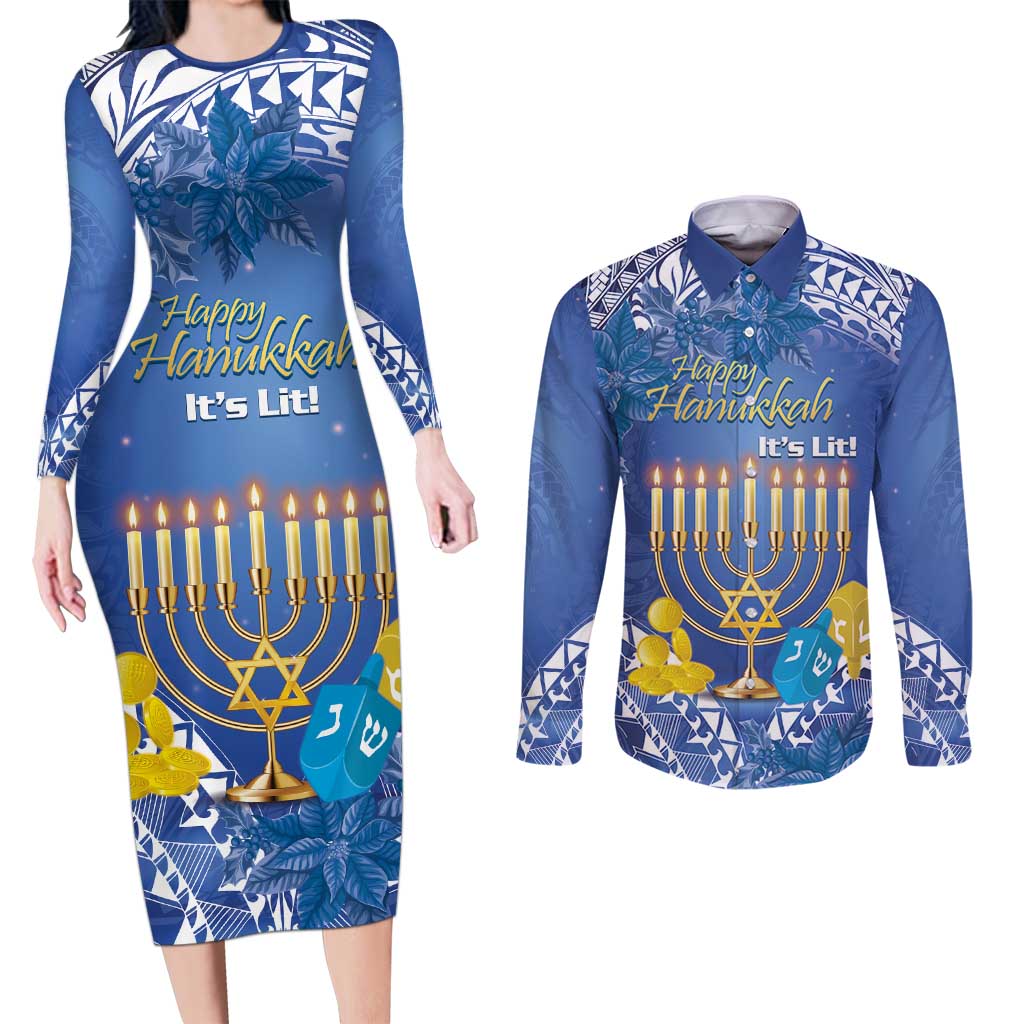 Personalised Hanukkah Jewish Festival Couples Matching Long Sleeve Bodycon Dress and Long Sleeve Button Shirt It's Lit - Polynesian Pattern