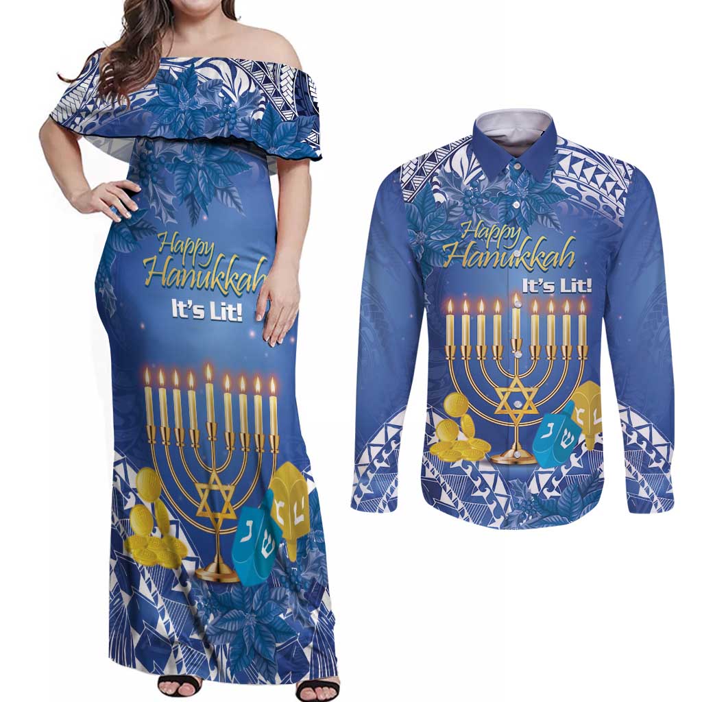Personalised Hanukkah Jewish Festival Couples Matching Off Shoulder Maxi Dress and Long Sleeve Button Shirt It's Lit - Polynesian Pattern