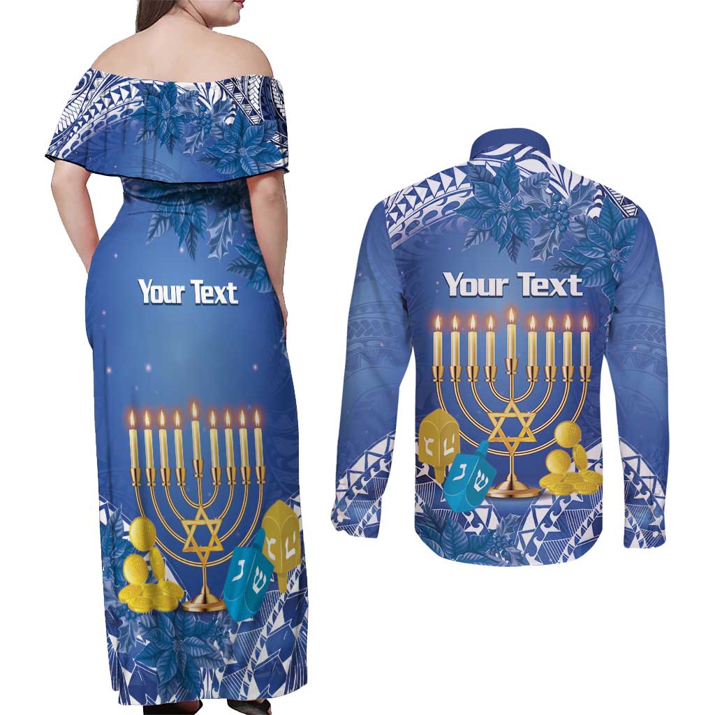 Personalised Hanukkah Jewish Festival Couples Matching Off Shoulder Maxi Dress and Long Sleeve Button Shirt It's Lit - Polynesian Pattern