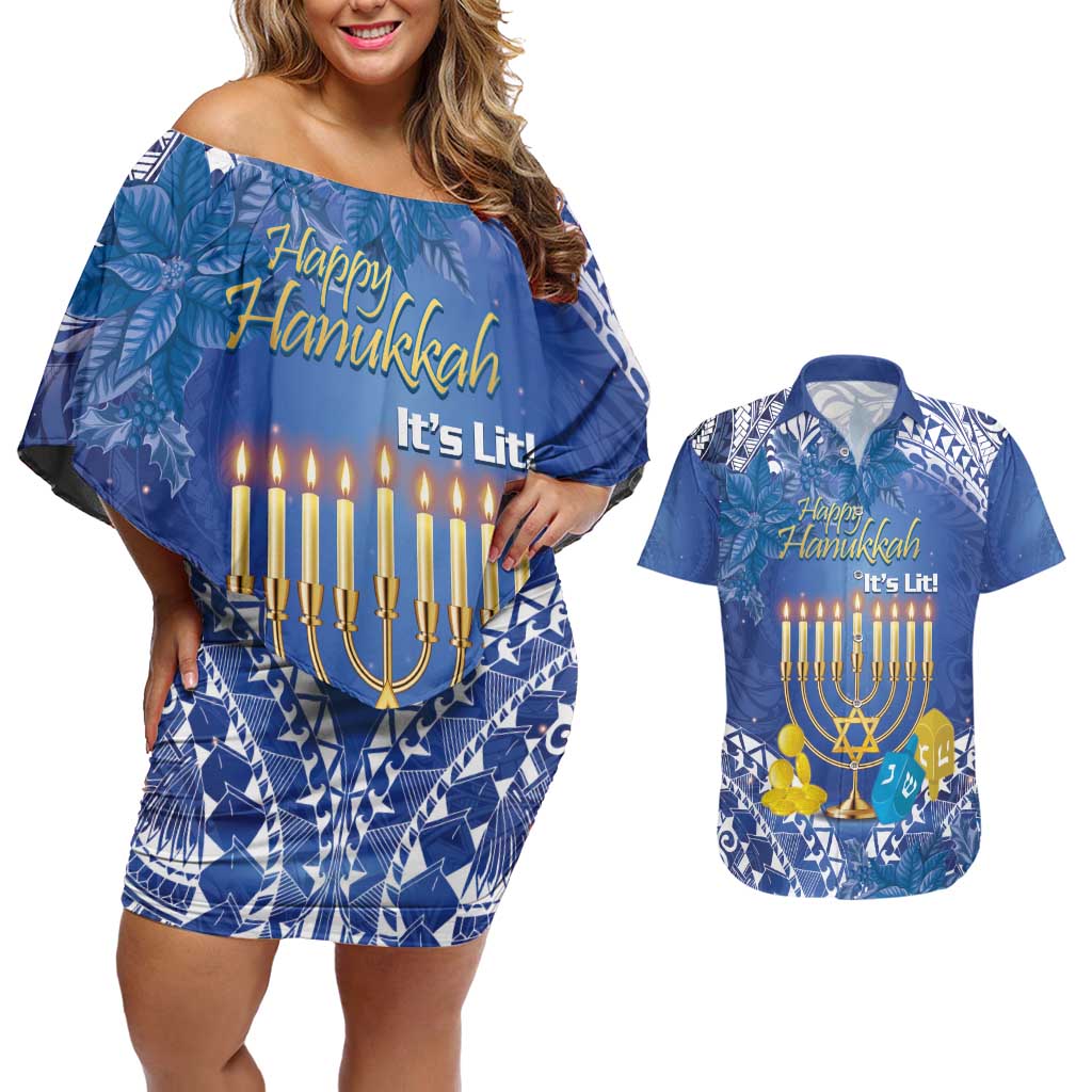 Personalised Hanukkah Jewish Festival Couples Matching Off Shoulder Short Dress and Hawaiian Shirt It's Lit - Polynesian Pattern
