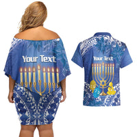 Personalised Hanukkah Jewish Festival Couples Matching Off Shoulder Short Dress and Hawaiian Shirt It's Lit - Polynesian Pattern