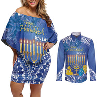 Personalised Hanukkah Jewish Festival Couples Matching Off Shoulder Short Dress and Long Sleeve Button Shirt It's Lit - Polynesian Pattern