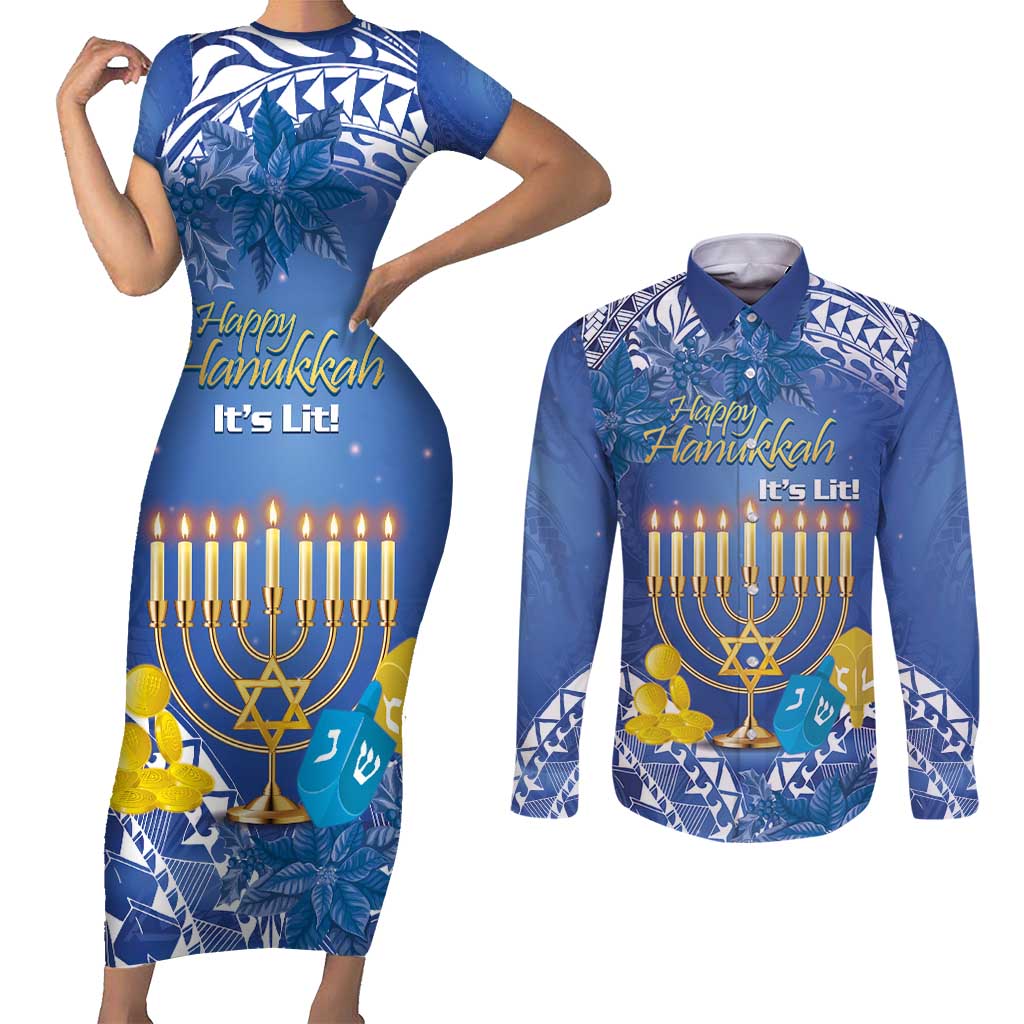 Personalised Hanukkah Jewish Festival Couples Matching Short Sleeve Bodycon Dress and Long Sleeve Button Shirt It's Lit - Polynesian Pattern