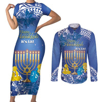 Personalised Hanukkah Jewish Festival Couples Matching Short Sleeve Bodycon Dress and Long Sleeve Button Shirt It's Lit - Polynesian Pattern