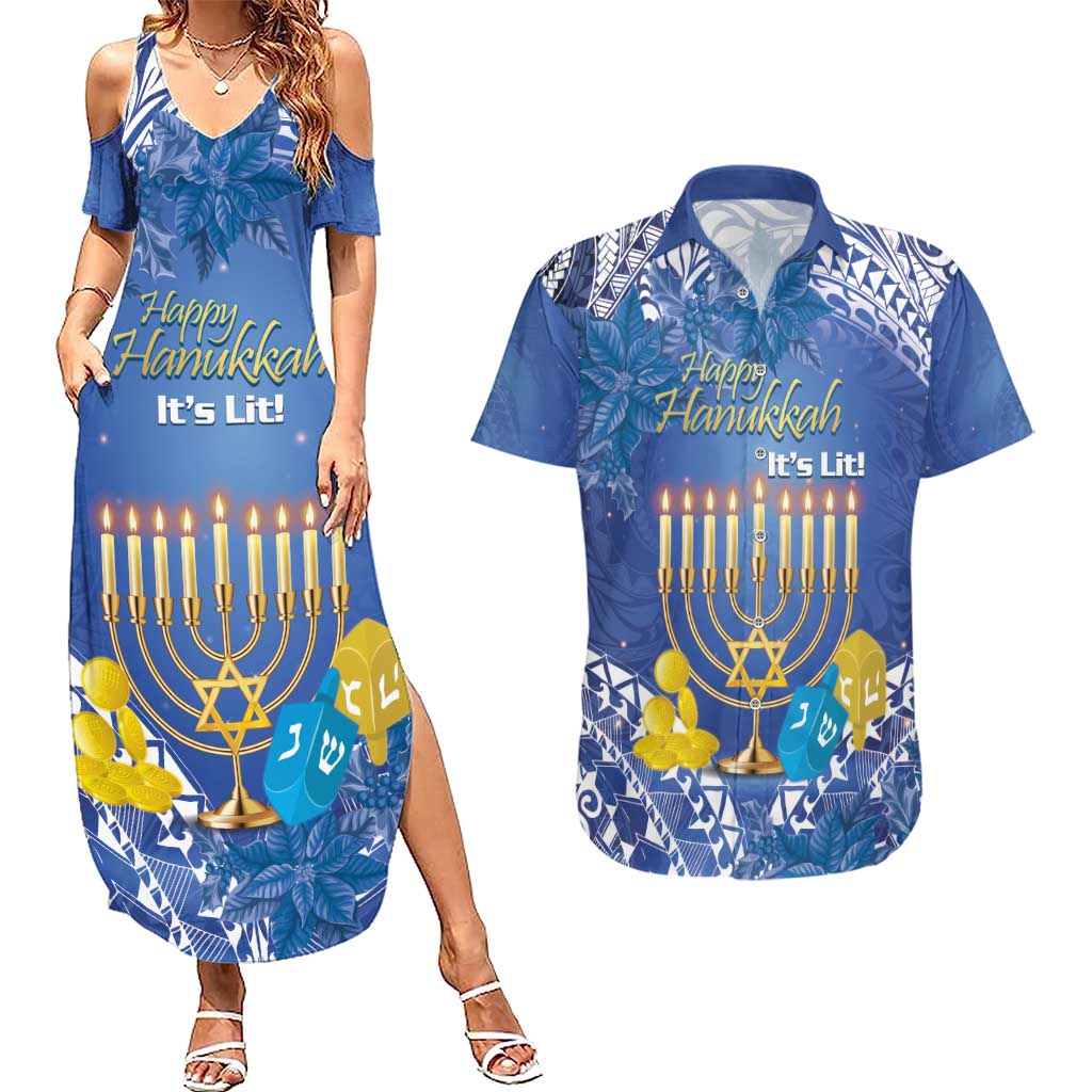 Personalised Hanukkah Jewish Festival Couples Matching Summer Maxi Dress and Hawaiian Shirt It's Lit - Polynesian Pattern