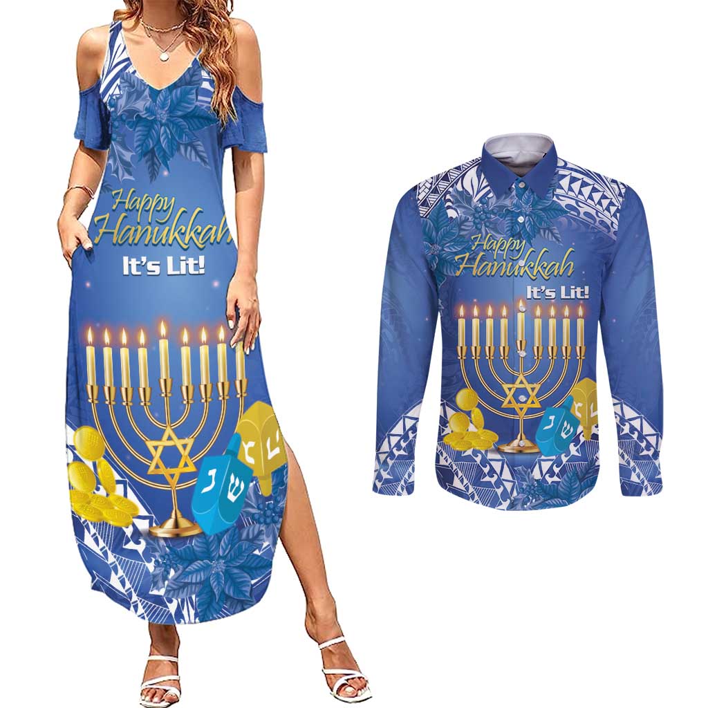 Personalised Hanukkah Jewish Festival Couples Matching Summer Maxi Dress and Long Sleeve Button Shirt It's Lit - Polynesian Pattern