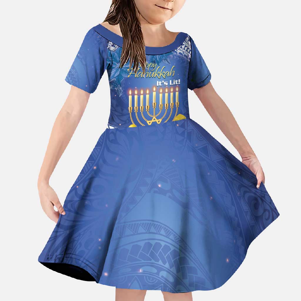 Personalised Hanukkah Jewish Festival Family Matching Long Sleeve Bodycon Dress and Hawaiian Shirt It's Lit - Polynesian Pattern LT14 Daughter's Dress Blue - Polynesian Pride