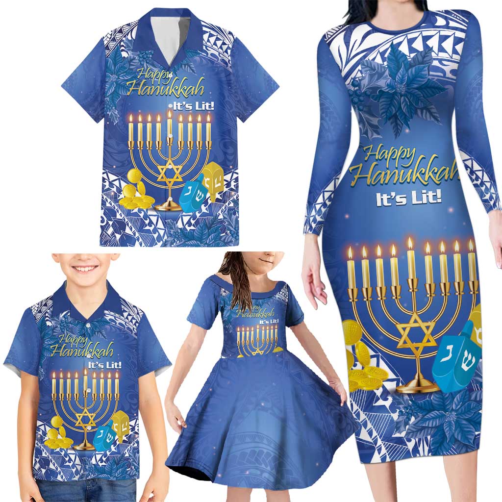 Personalised Hanukkah Jewish Festival Family Matching Long Sleeve Bodycon Dress and Hawaiian Shirt It's Lit - Polynesian Pattern LT14 - Polynesian Pride