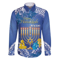 Personalised Hanukkah Jewish Festival Family Matching Long Sleeve Bodycon Dress and Hawaiian Shirt It's Lit - Polynesian Pattern LT14 Dad's Shirt - Long Sleeve Blue - Polynesian Pride