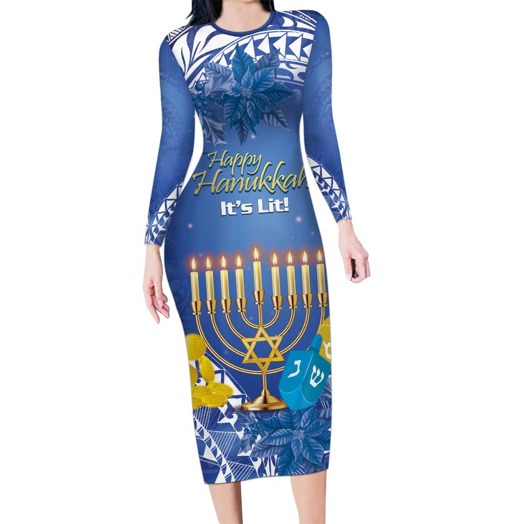 Personalised Hanukkah Jewish Festival Family Matching Long Sleeve Bodycon Dress and Hawaiian Shirt It's Lit - Polynesian Pattern LT14 Mom's Dress Blue - Polynesian Pride