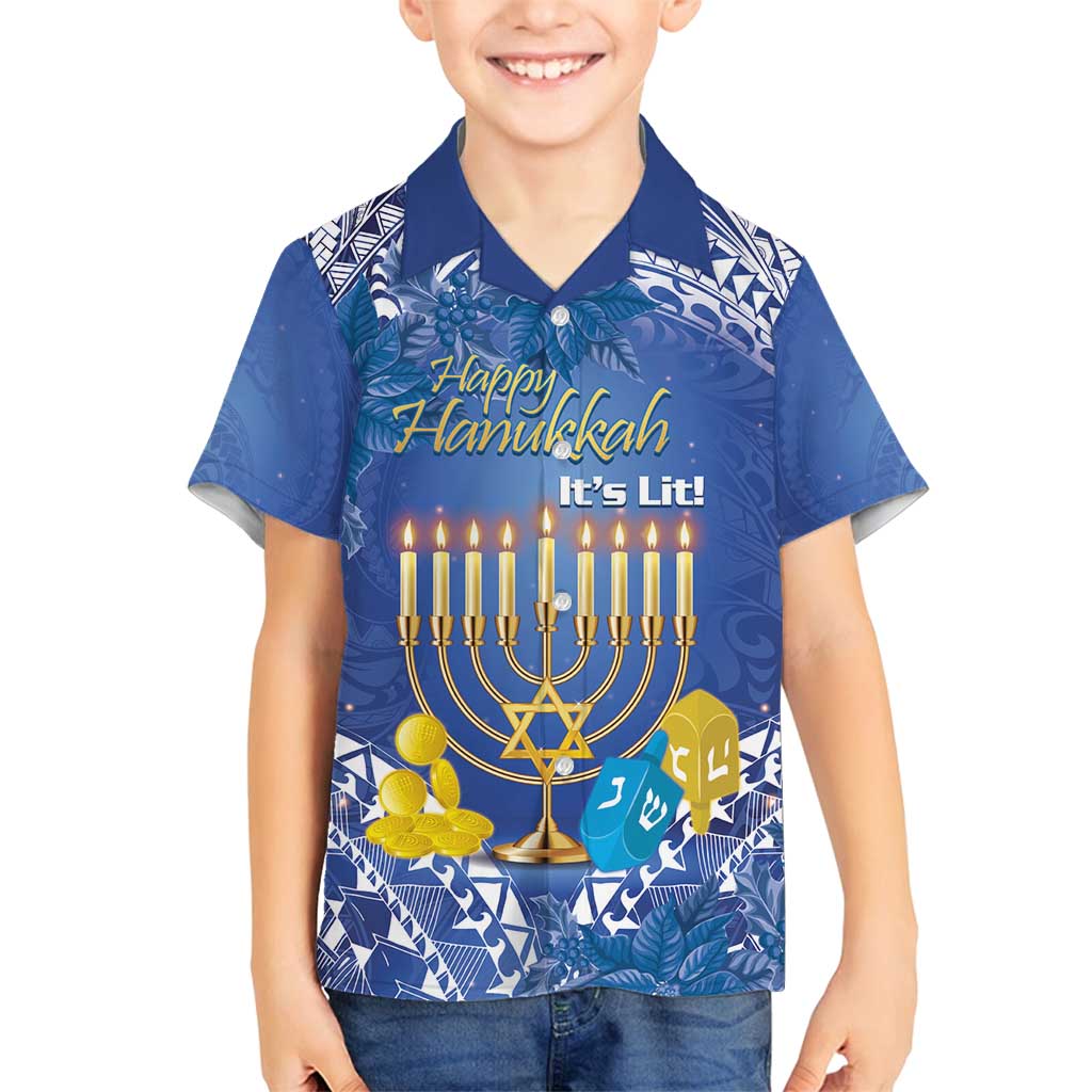 Personalised Hanukkah Jewish Festival Family Matching Long Sleeve Bodycon Dress and Hawaiian Shirt It's Lit - Polynesian Pattern LT14 Son's Shirt Blue - Polynesian Pride