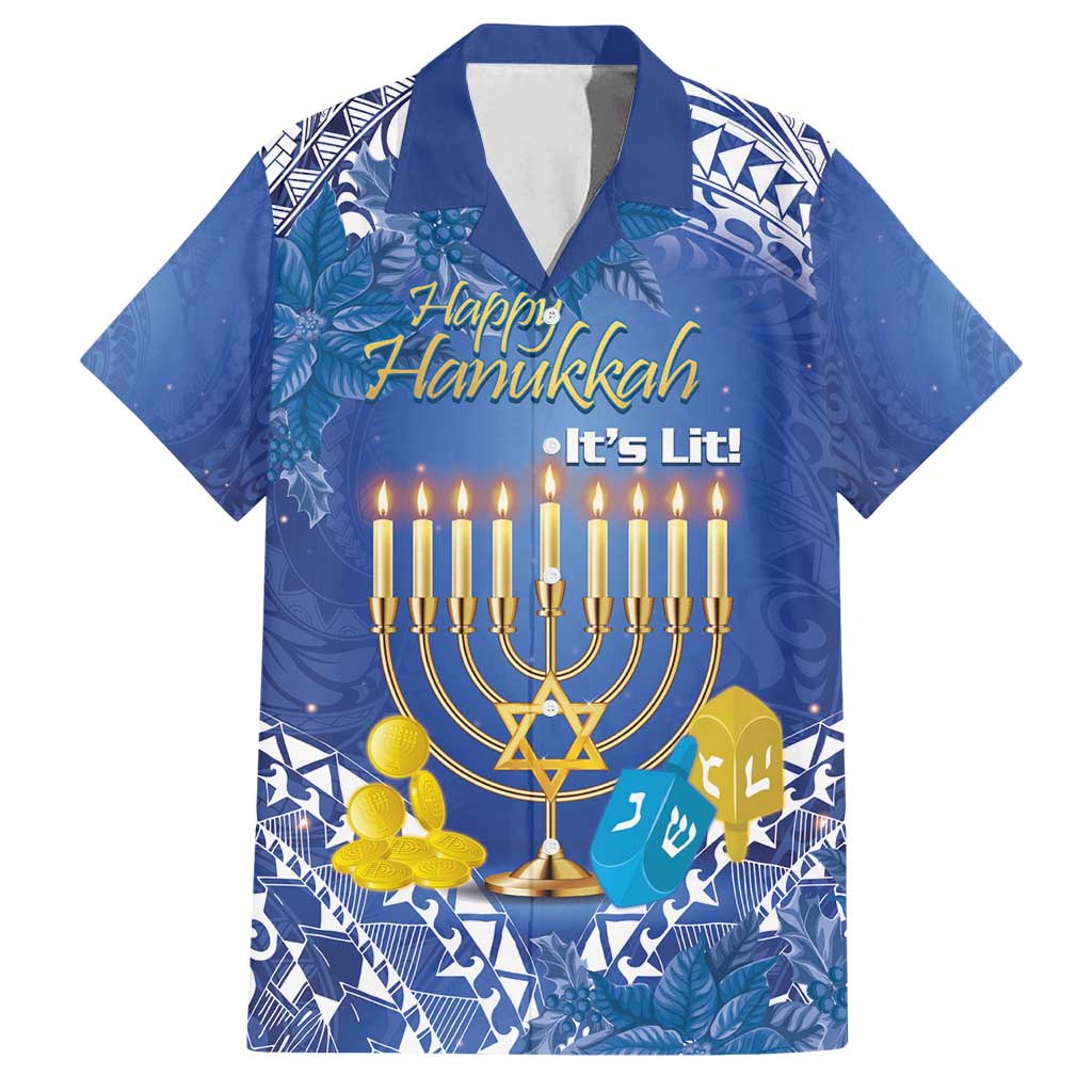 Personalised Hanukkah Jewish Festival Family Matching Puletasi and Hawaiian Shirt It's Lit - Polynesian Pattern LT14 Dad's Shirt - Short Sleeve Blue - Polynesian Pride