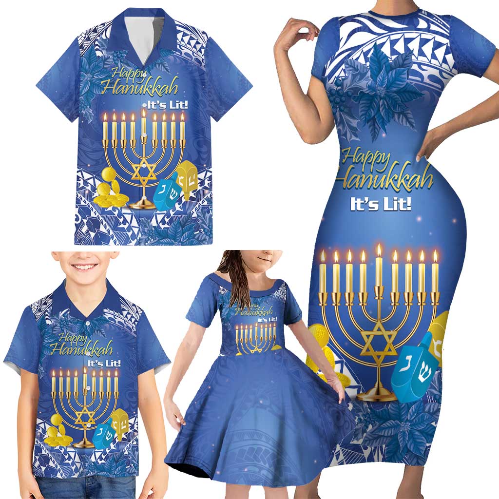 Personalised Hanukkah Jewish Festival Family Matching Short Sleeve Bodycon Dress and Hawaiian Shirt It's Lit - Polynesian Pattern LT14 - Polynesian Pride