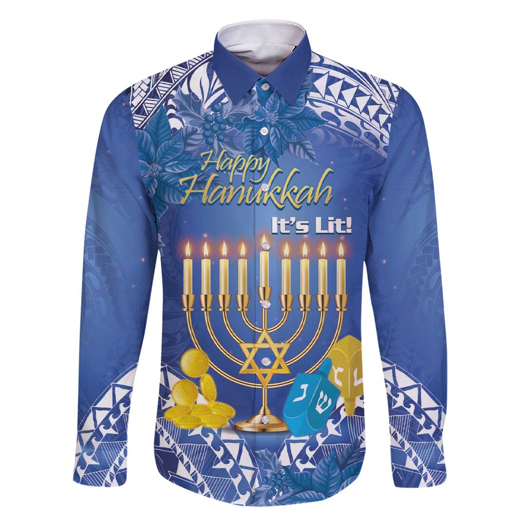Personalised Hanukkah Jewish Festival Family Matching Short Sleeve Bodycon Dress and Hawaiian Shirt It's Lit - Polynesian Pattern LT14 Dad's Shirt - Long Sleeve Blue - Polynesian Pride