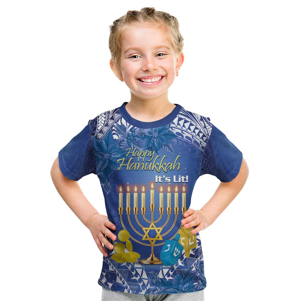 Personalised Hanukkah Jewish Festival Kid T Shirt It's Lit - Polynesian Pattern LT14 Blue - Polynesian Pride