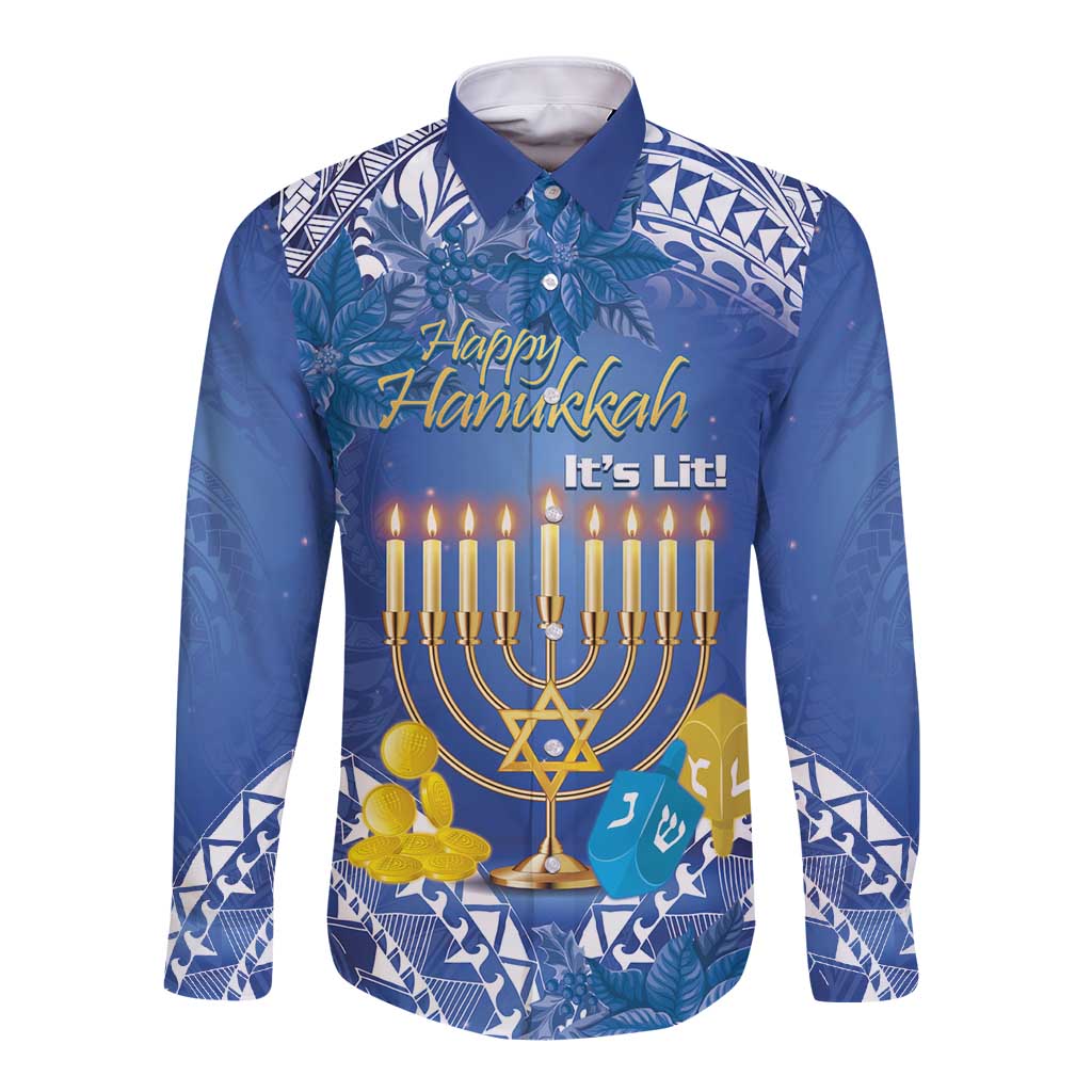 Personalised Hanukkah Jewish Festival Long Sleeve Button Shirt It's Lit - Polynesian Pattern LT14 Unisex Blue - Polynesian Pride