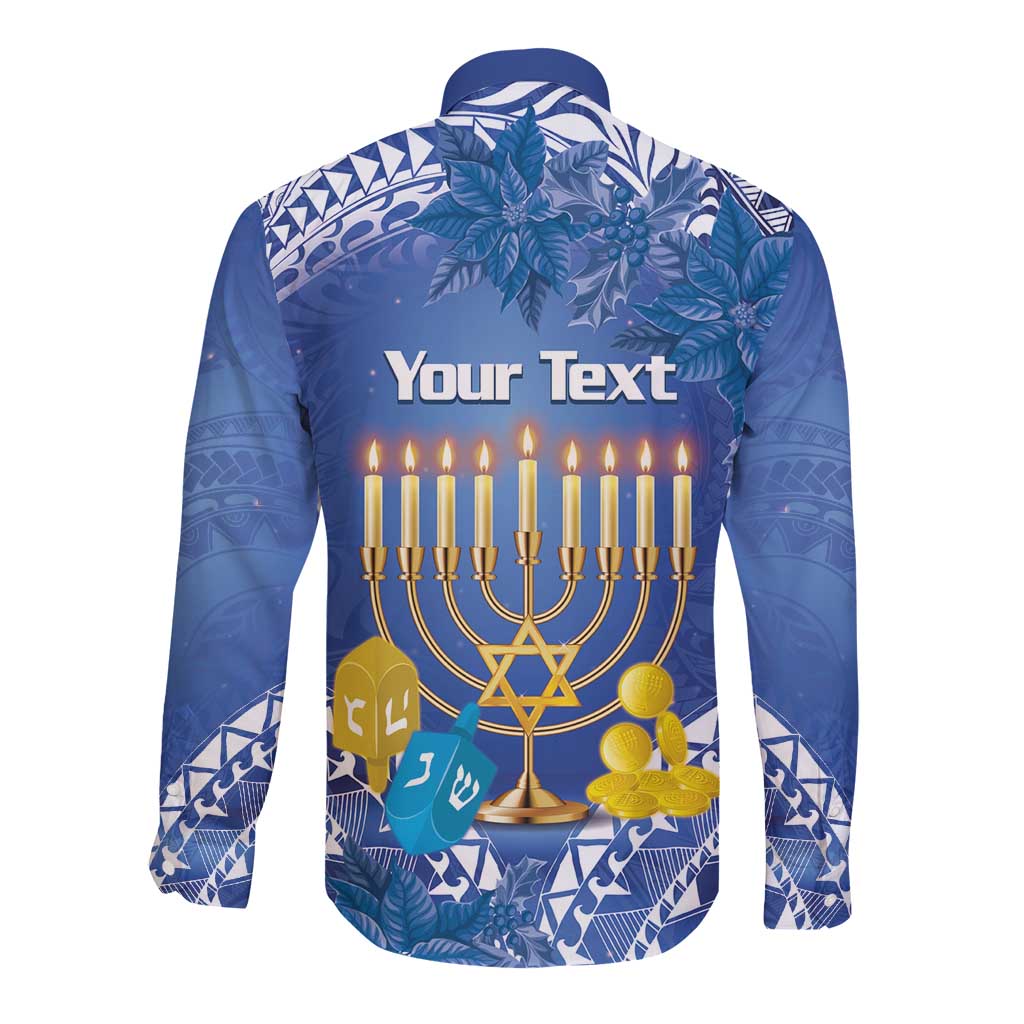 Personalised Hanukkah Jewish Festival Long Sleeve Button Shirt It's Lit - Polynesian Pattern